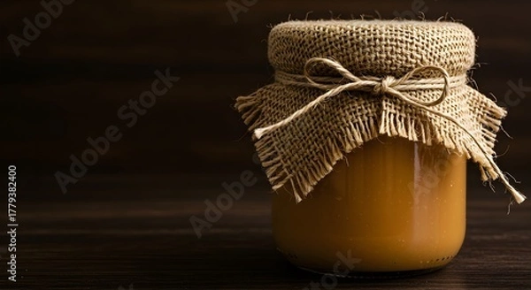 Obraz Artisanal Dulce de Leche Jar Sealed with Burlap in a Dark Wood Setting
