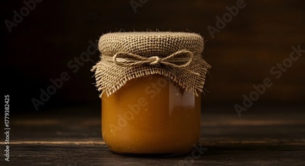 Obraz Premium Rustic Jar of Dulce de Leche Tied with Twine Against Dark Wood