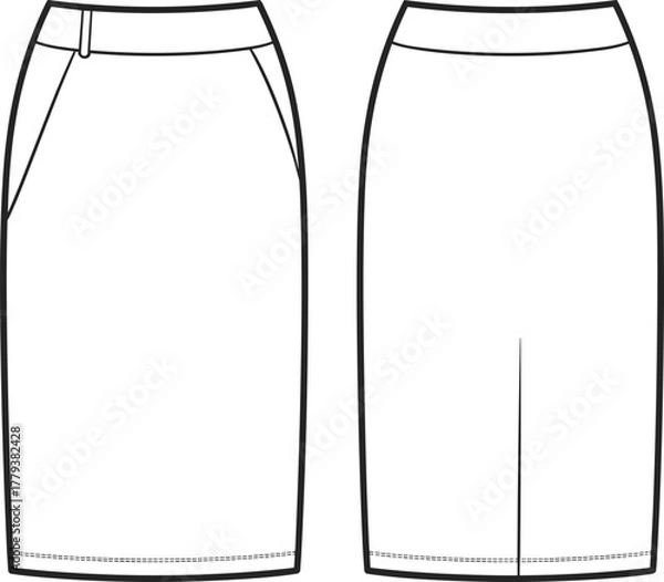 Obraz Pencil skirt technical fashion sketch, fitted waistband, side zipper, angled pockets, back slit, front and back views, garment construction vector illustration