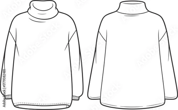 Obraz Turtleneck sweater technical fashion sketch, high folded collar, long sleeves with ribbed cuffs, relaxed fit, front and back views, garment construction vector illustration
