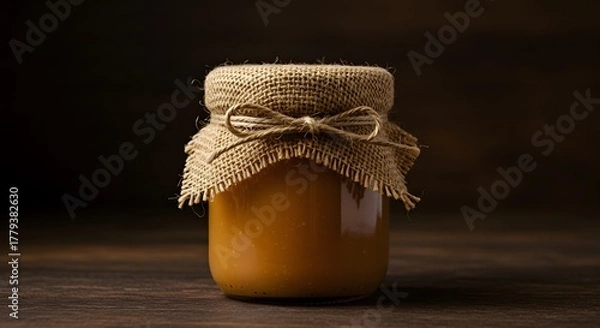 Obraz Handcrafted Dulce de Leche Jar with Burlap and Twine in a Rustic Setup