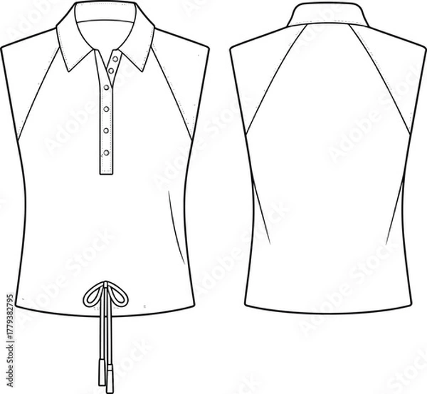 Obraz Sleeveless polo-style top technical fashion sketch, button-down front, drawstring hem, raglan armholes, structured collar, front and back views, garment construction vector illustration