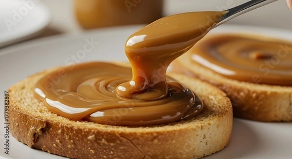 Obraz Dulce de leche spreading on hot toast in a delicious and cozy scene.