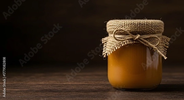 Obraz Twine-Tied Burlap Jar of Dulce de Leche in a Warm, Artisanal Composition
