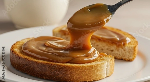 Obraz Rich Dulce de Leche Slowly Coating Toast in a Cozy Macro Composition