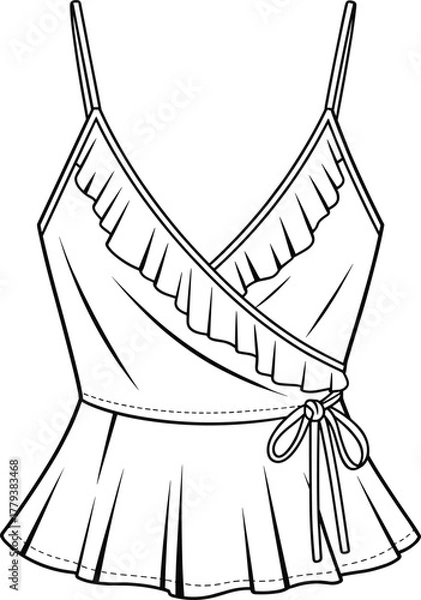 Obraz Sleeveless wrap top technical fashion sketch, V-neckline with ruffled trim, spaghetti straps, peplum hem, tied waist, garment construction vector illustration