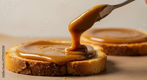 Obraz Warm and Comforting Moment of Dulce de Leche Spreading on Toast