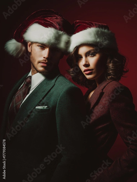 Obraz Professional couple portrait with Christmas theme, elegant Santa hats, studio setup with Christmas props, red and green color scheme, fashion photography style, dramatic lighting, high-end magazine