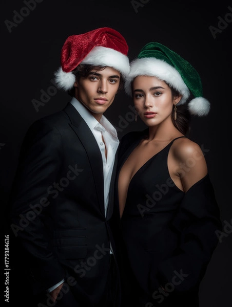 Obraz Professional couple portrait with Christmas theme, elegant Santa hats, studio setup with Christmas props, red and green color scheme, fashion photography style, dramatic lighting, high-end magazine