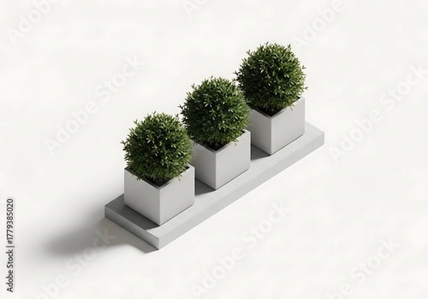 Obraz Three potted green boxwood plants on a concrete planter base