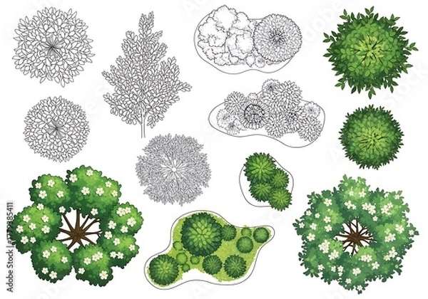 Obraz Top view of various trees and bushes isolated on white background