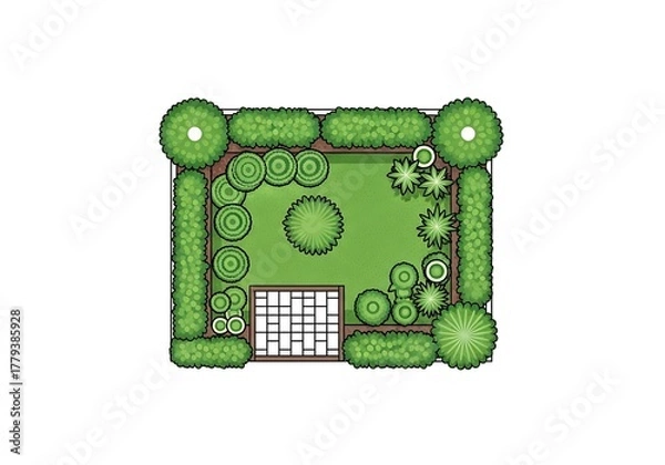 Obraz Top view of a garden plan with plants, lawn, and patio isolated on white background
