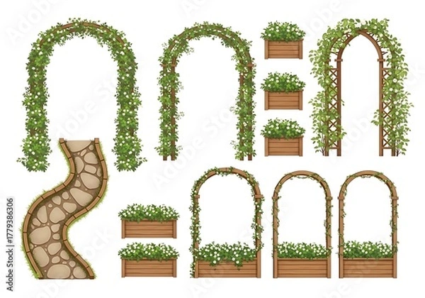 Obraz Garden arches, stone path, and planter boxes with flowers