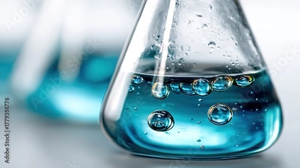 Fototapeta Laboratory Chemistry: The image features a close-up of a laboratory flask filled with a vibrant blue liquid, showcasing the beauty of scientific research and exploration.