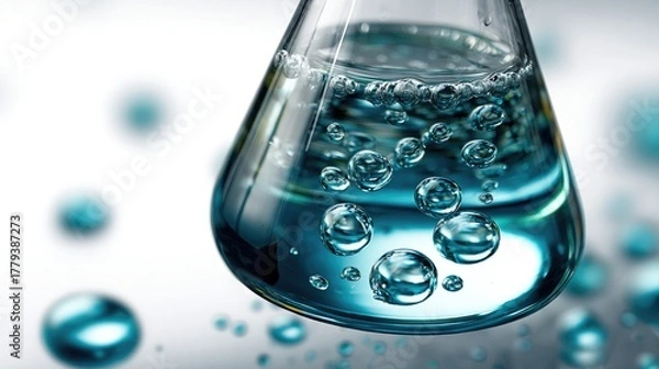 Fototapeta Bubbling Essence: A mesmerizing close-up of a laboratory flask filled with a swirling, effervescent liquid, illustrating the intricacies of scientific research and discovery.