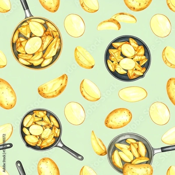 Obraz Potato wedges in pans, seamless pattern