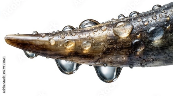 Fototapeta Dew Drops on Nature's Sculpt: A captivating macro shot highlights crystal-clear dew drops clinging to a textured natural surface, showcasing nature's delicate artistry.