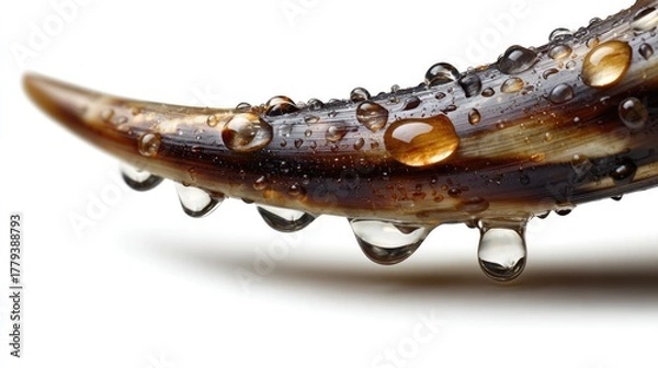 Fototapeta Water Droplets on Texture: Close-up showcases a singular dew-kissed leaf fragment, beads of water cling and cascade off a textured surface, showcasing nature's exquisite detail.