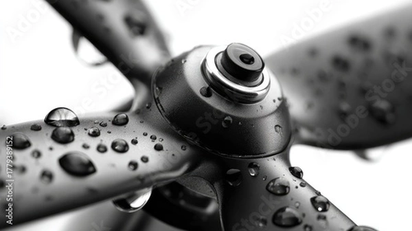 Fototapeta Propeller in Rain: A close-up shot of an airplane propeller glistening with raindrops. It presents a dynamic interplay of form and function.