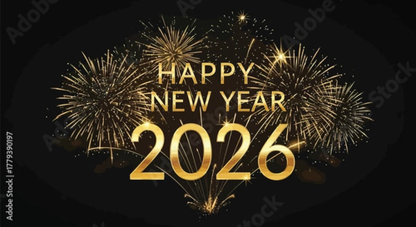 Obraz Golden happy new year 2026 celebration with fireworks on a dark background