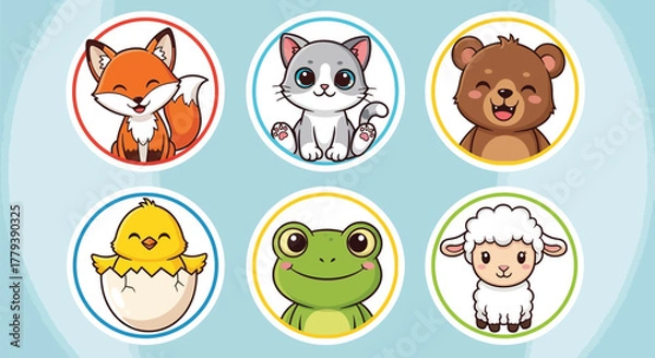 Obraz Cute cartoon animal characters in colorful circles on a light blue background