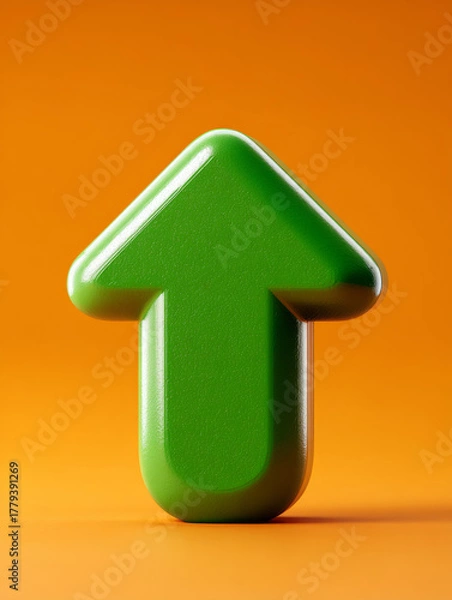 Fototapeta Green arrow pointing up on a bright orange background.