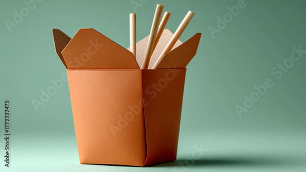 Fototapeta Orange takeout box with chopsticks against green background.