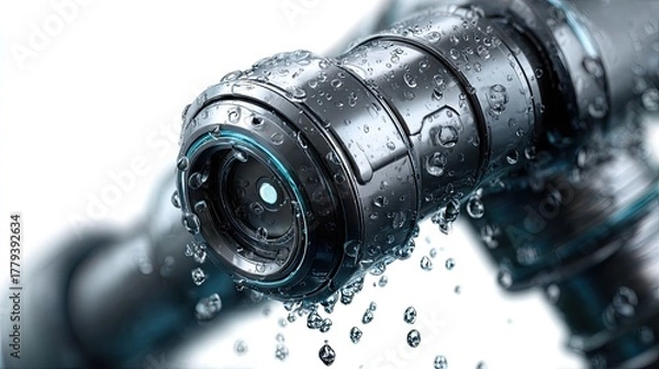 Fototapeta Mechanical Marvel: A close-up view of a metallic mechanism, glistening with droplets, showcasing intricate engineering and precise design.