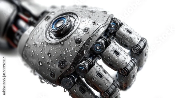 Fototapeta Cybernetic Hand's Power: A detailed close-up reveals the intricate mechanisms of a robotic hand, with water droplets adding a dynamic and futuristic aesthetic.
