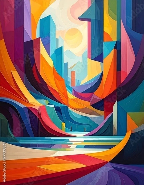 Obraz Abstract cityscape, vibrant colors with a sun in the distance