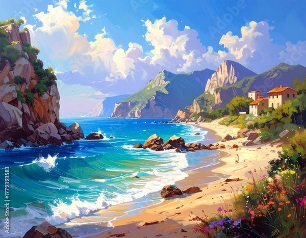 Fototapeta Coastal Scene Sunny Beach and Cliffs