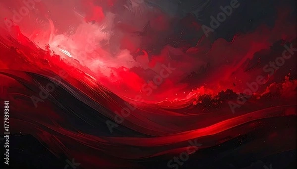 Obraz Abstract crimson artwork featuring flowing, textured waves and fiery clouds