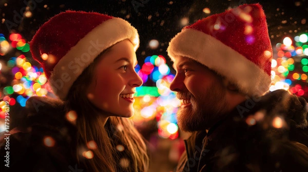 Obraz Couple admiring massive Christmas light display, wearing matching Santa hats, reflections of colorful lights on faces, awe and wonder expressions, nighttime magic, bokeh effect, romantic ambiance
