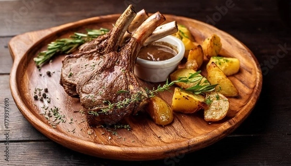 Fototapeta roasted rack of lamb with roasted potatoes herbs and gravy on wooden plate delicious food photography for recipe websites or cookbooks