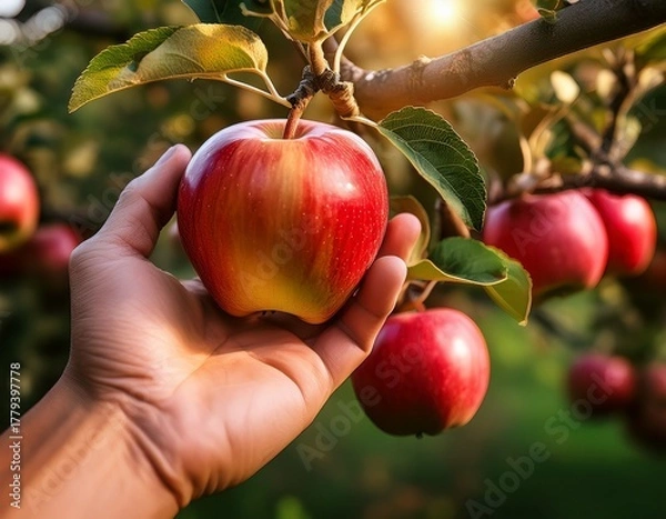 Fototapeta a close up of a hand picking a ripe apple from a tree apple harvest orchard fruit picking hand farm tree