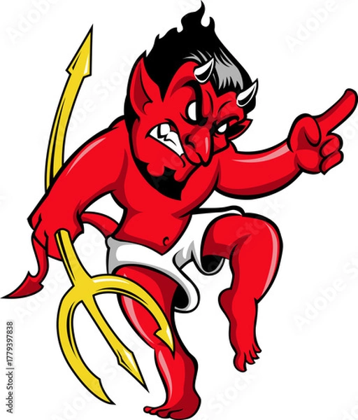 Fototapeta Angry Red Devil Cartoon Mascot with Trident
