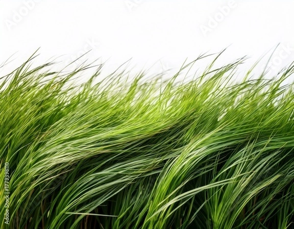 Fototapeta wind blown grass strip with individual blades visible isolated on white background