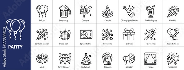 Obraz Party icons set with celebration, event, and festive equipment concepts