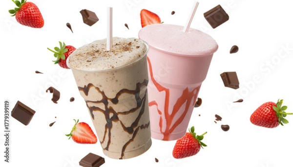 Fototapeta Two milkshakes with chocolate and strawberry flavors surrounded by floating strawberries and chocolate pieces.