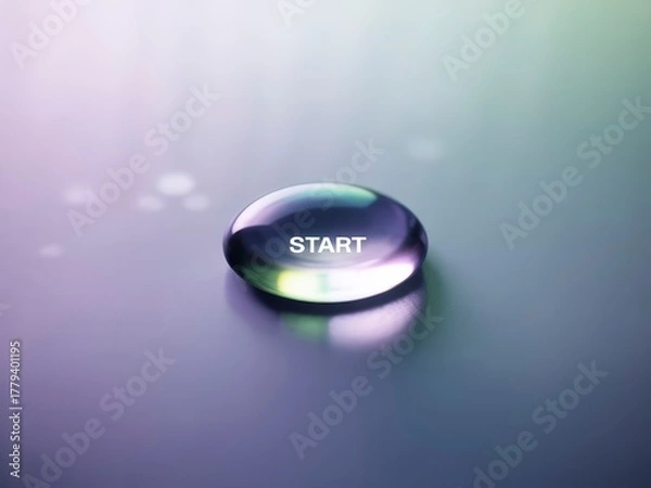 Fototapeta A sleek, iridescent droplet with the word "START" on it, set against a softly colored background, suggesting new beginnings and opportunities.