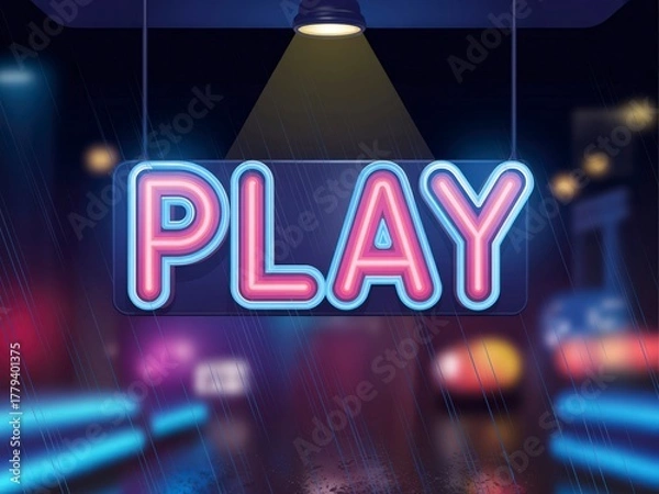 Fototapeta A vibrant neon sign reading "PLAY" illuminated against a blurred urban night backdrop, evoking a sense of excitement and entertainment.