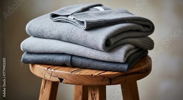 Fototapeta Warm Knitted Sweaters on Rustic Stool