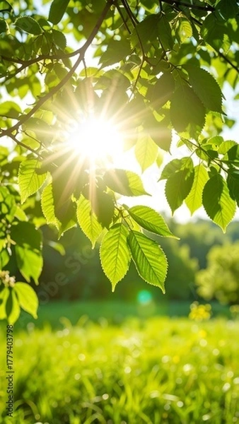 Fototapeta Sunbeams through leaves in a green field