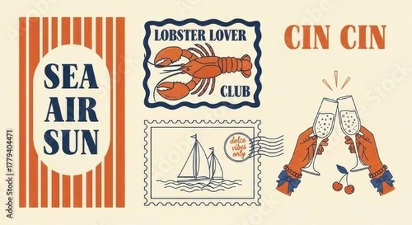 Fototapeta Vintage Vibes Summer Getaway Showing Lobster Lover Club, Champagne Toast and Sailboat in the Sea