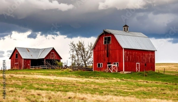 Fototapeta Two weathered red barns under stormy sky