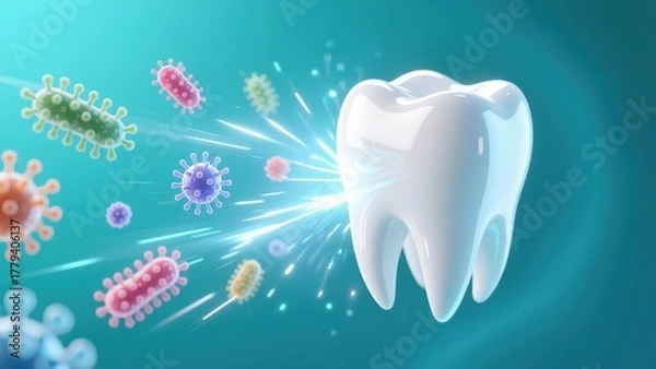 Obraz A tooth facing a colorful germs showing oral hygiene risk tooth decay or sensitivity