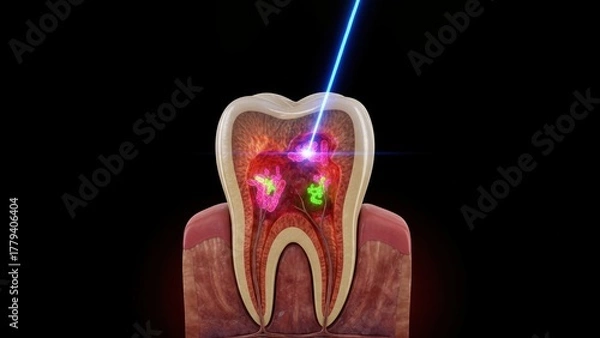 Obraz A cross section molar showing inner infection targeted by blue laser therapy, highlighting tooth decay or sensitivity with bright clinical focus
