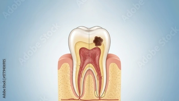 Obraz The split molar showing a healthy and inflamed pulp side by side to explain tooth decay or sensitivity in clear medical form