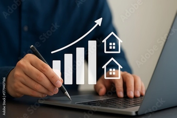Obraz expansion in the real estate market when interest rates rise. An increasing graph and home icons, representing real estate investment and housing trends, are displayed by a person writing on a laptop.