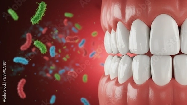 Obraz The clean white teeth beside colorful germs on red background showing oral hygiene contrast and tooth decay or sensitivity awareness